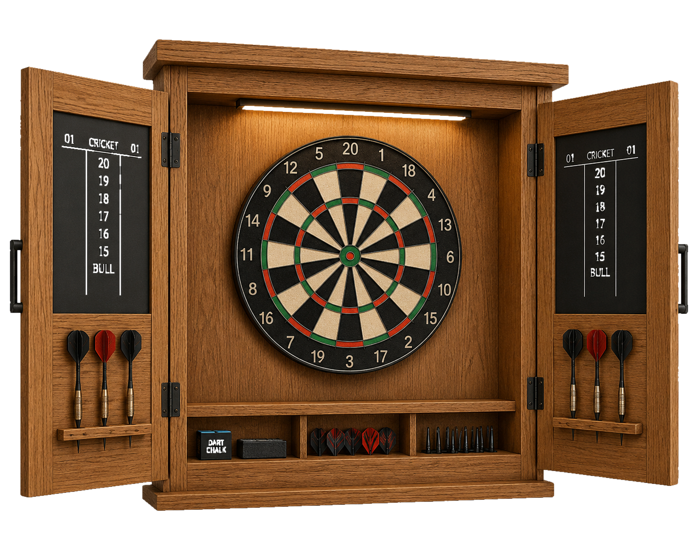 Custom dartboard cabinet, open, showing LED lighting, chalkboard scoring panels and dart storage (dartboard shown for illustration only)