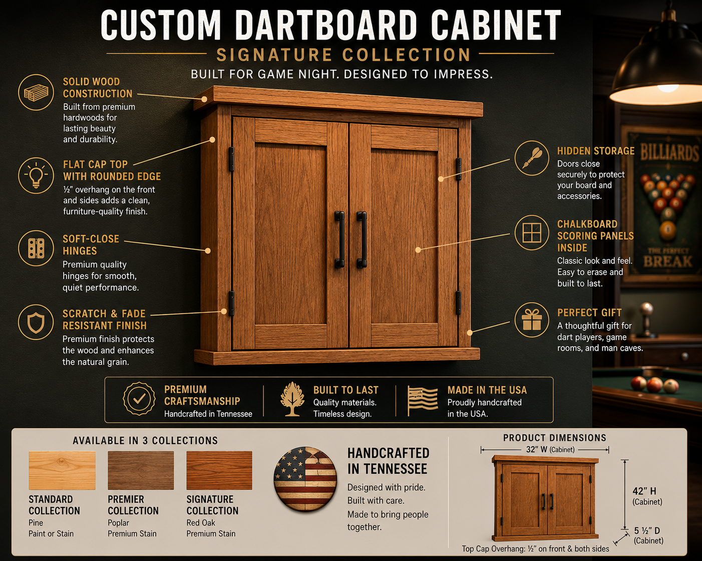 Dartboard cabinet closed, showing shaker door design, black hardware, and product dimensions