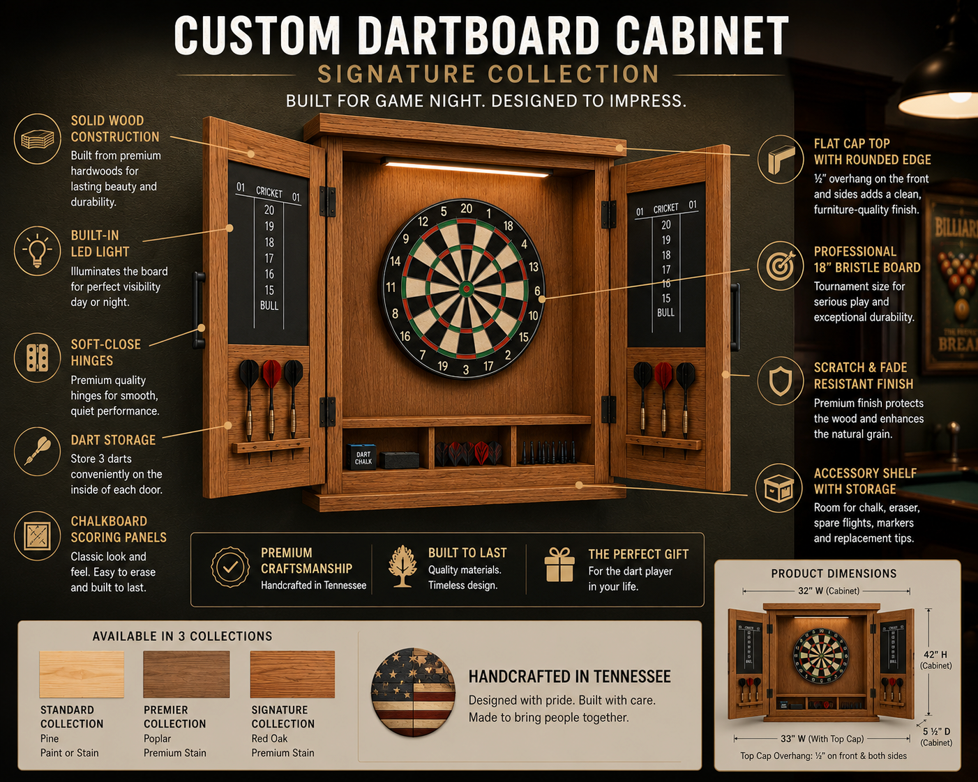 Dartboard cabinet feature callouts: solid wood construction, built-in LED light, soft-close hinges, dart storage, chalkboard scoring panels